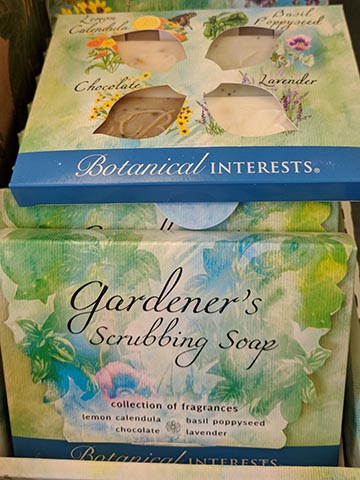 Botanical Interests Gardeners Scrubbing Soap. Box contains the sents Lemon Calendula, Basil Poppyseed, Chocolate, and Lavender.
